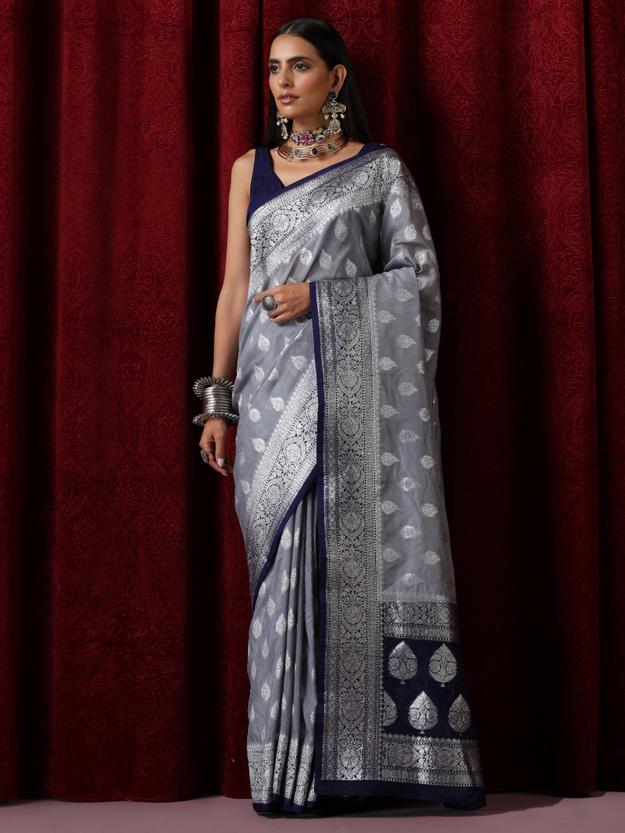 Blue and Silver Georgette Silk Saree with Blouse Fabric