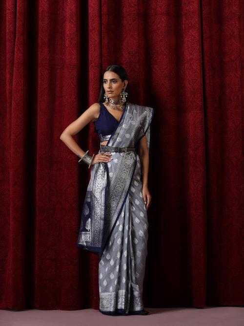 Blue and Silver Georgette Silk Saree with Blouse Fabric