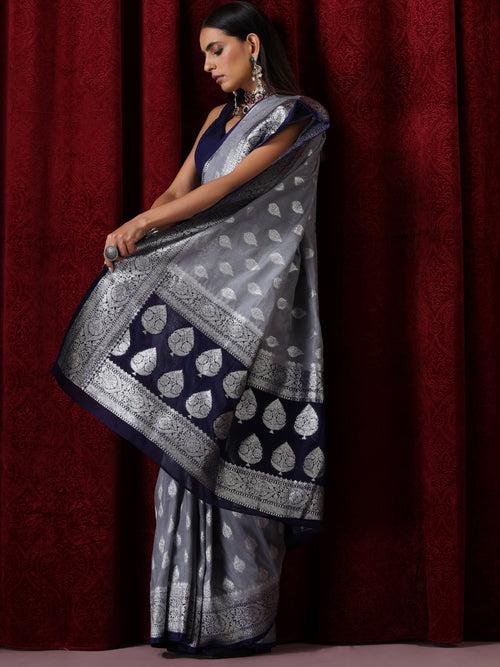 Blue and Silver Georgette Silk Saree with Blouse Fabric