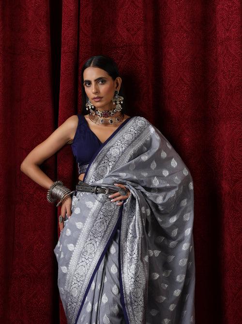 Blue and Silver Georgette Silk Saree with Blouse Fabric