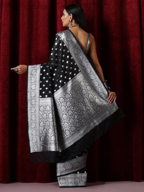 Black and Silver Pure Georgette Saree with Blouse Fabric