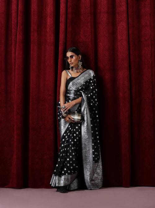 Black and Silver Pure Georgette Saree with Blouse Fabric