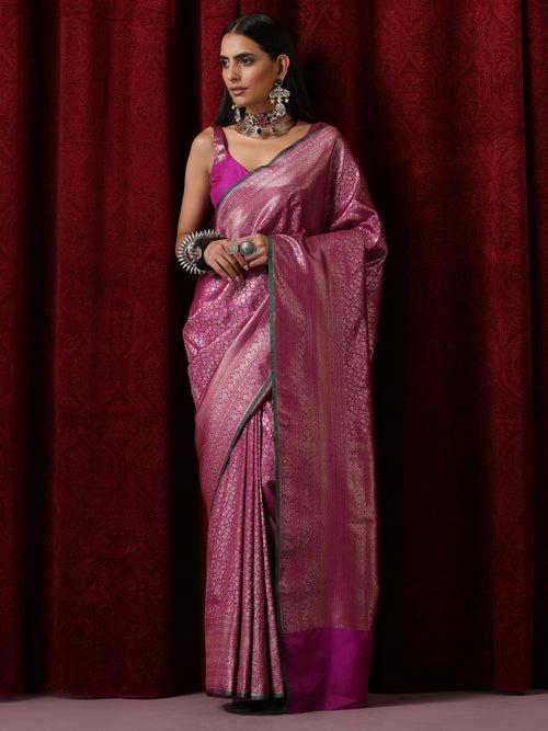 Banarasi Purple Green Jaal Silk Saree with Blouse Fabric