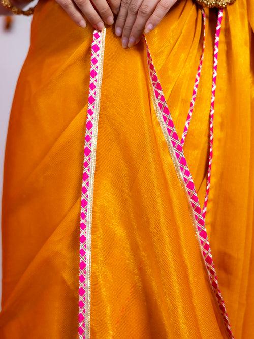 Orange Yellow Shimmer Shine Chiffon Saree with Gota Lace Edge and Blouse Fabric