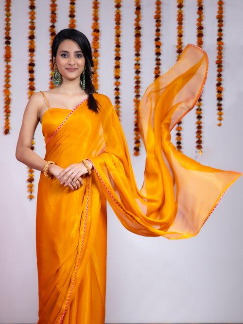Orange Yellow Shimmer Shine Chiffon Saree with Gota Lace Edge and Blouse Fabric