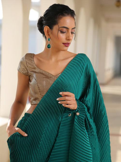 SET I Emerald Accordion Pre-draped Saree with Pocket and Arm Tie + Blouse + Belt