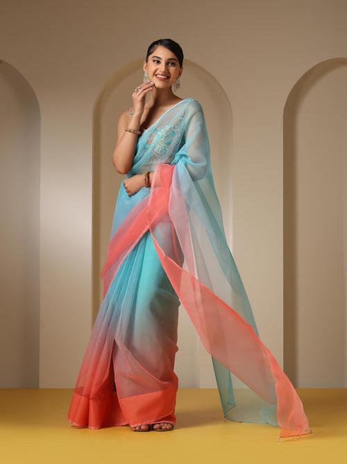 Tropical Pink and Blue Organza Ombre Saree