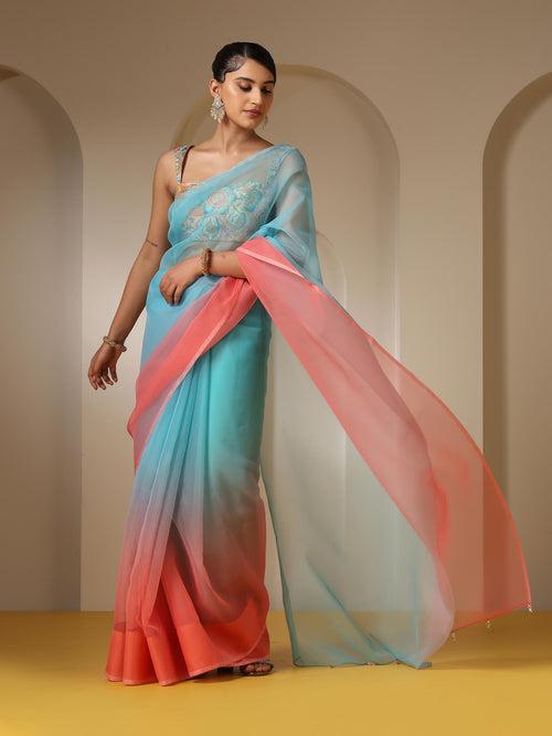 Tropical Pink and Blue Organza Ombre Saree