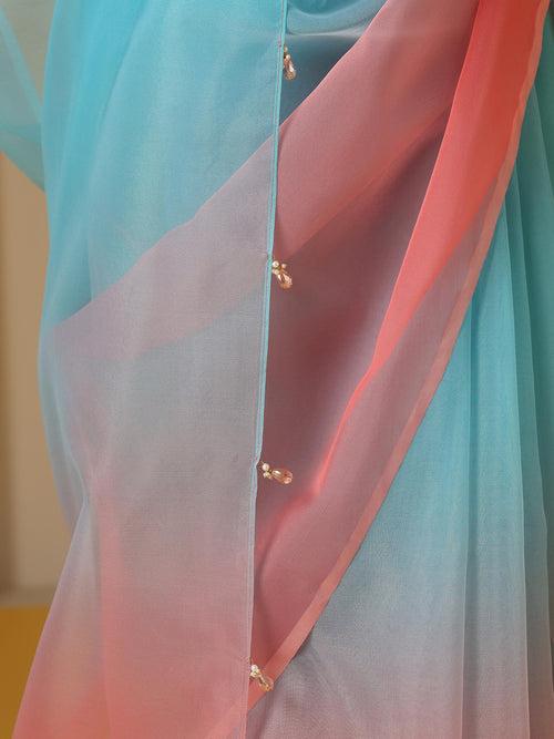 Tropical Pink and Blue Organza Ombre Saree