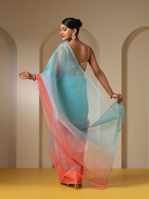 Tropical Pink and Blue Organza Ombre Saree