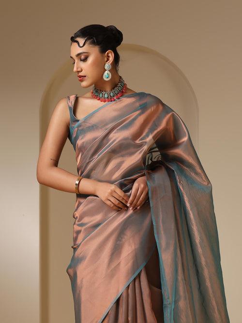 Banarasi Blue Copper Saree with Crushed Pallu and Blouse Fabric