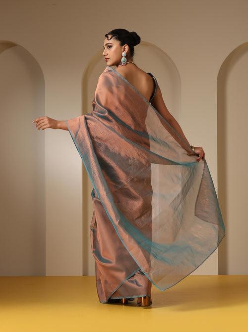 Banarasi Blue Copper Saree with Crushed Pallu and Blouse Fabric