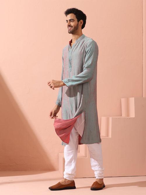 Reversable Pink Blue Satin Kurta with Snaps