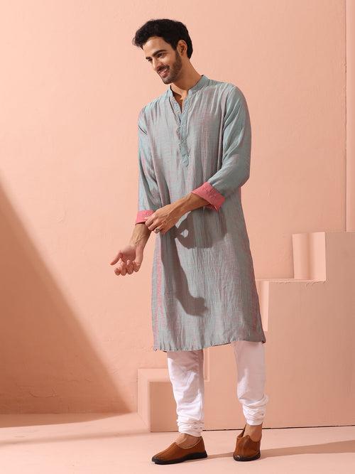 Reversable Pink Blue Satin Kurta with Snaps