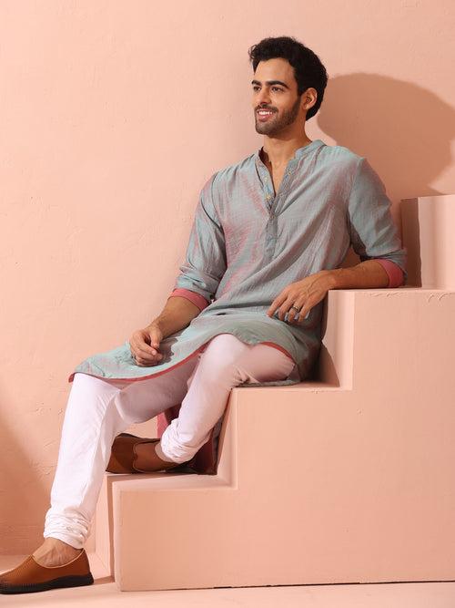 Reversable Pink Blue Satin Kurta with Snaps