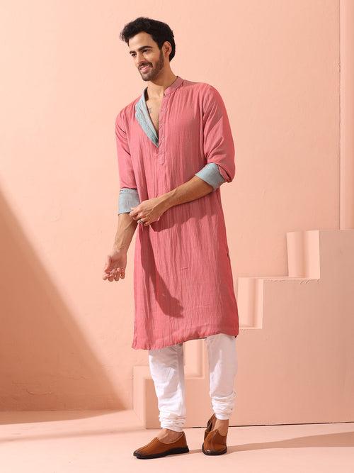 Reversable Pink Blue Satin Kurta with Snaps