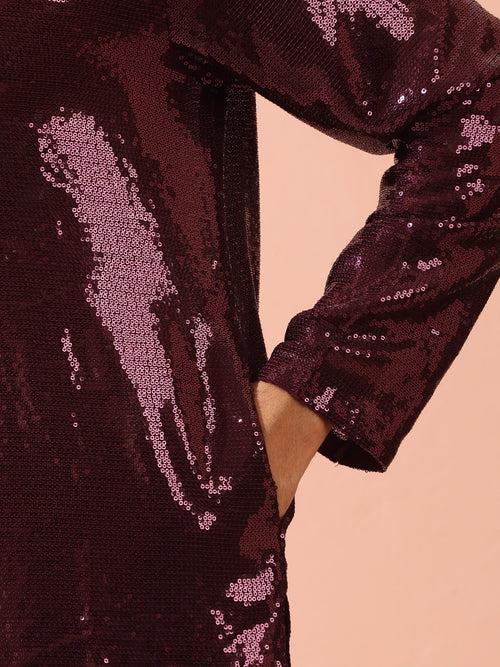 Wine Sequin Kurta with Hidden Placket