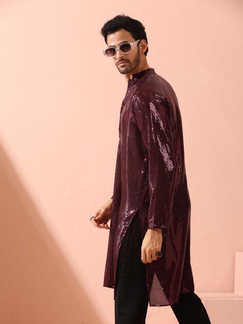 Wine Sequin Kurta with Hidden Placket