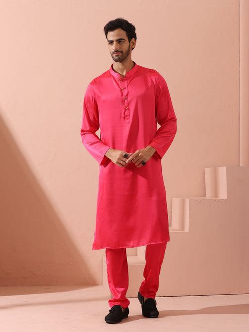 Ruby Pink Satin Kurta with Gold Buttons