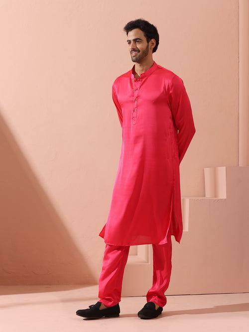 Ruby Pink Satin Kurta with Gold Buttons