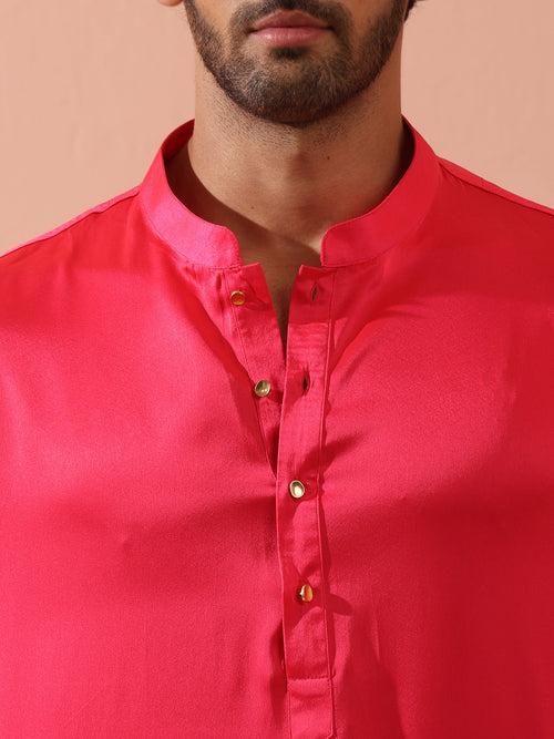 Ruby Pink Satin Kurta with Gold Buttons