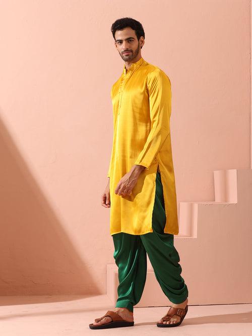 Yellow Python Satin Kurta with Hidden Placket