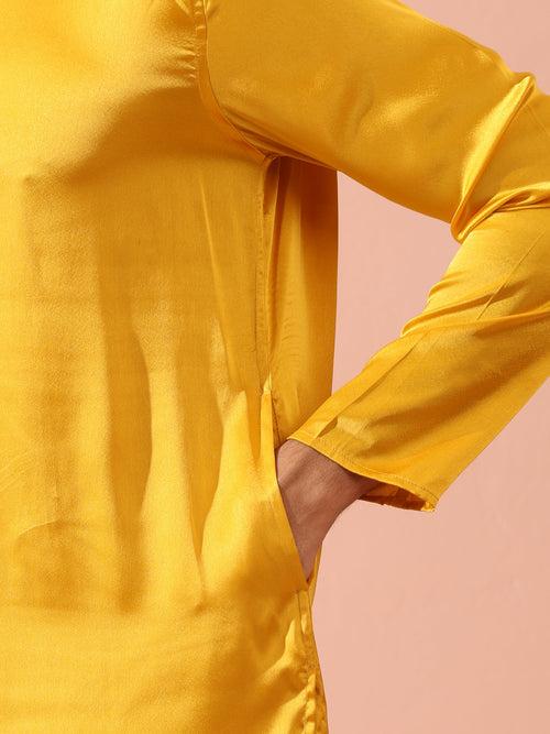 Yellow Python Satin Kurta with Hidden Placket