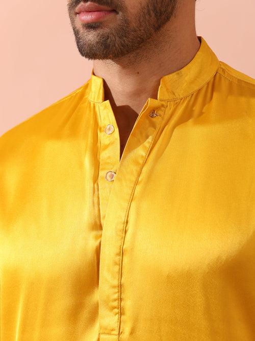 Yellow Python Satin Kurta with Hidden Placket