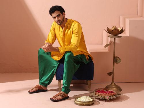 Yellow Python Satin Kurta with Hidden Placket