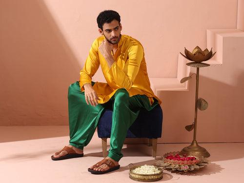 Yellow Python Satin Kurta with Hidden Placket