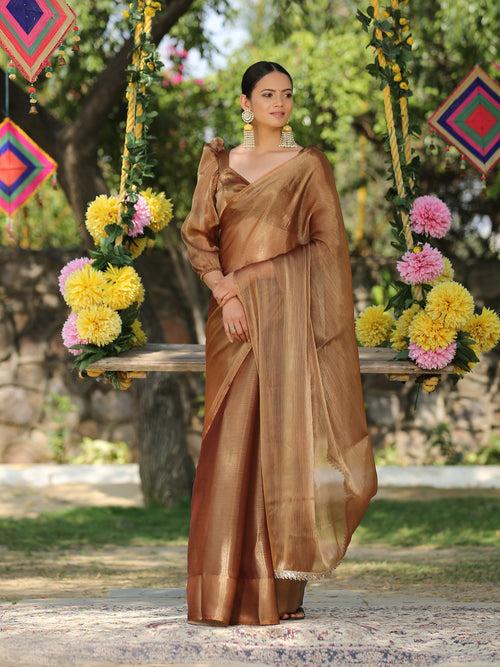 Pure Gold Organza Saree with Mirror Lace