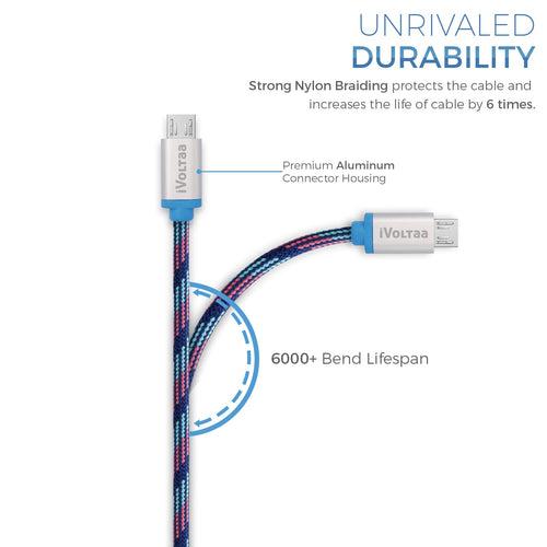 iVoltaa Pixie Micro USB to USB 2.4 Braided Cable - 3.3 Feet (1 Meter) - Kyber Blue