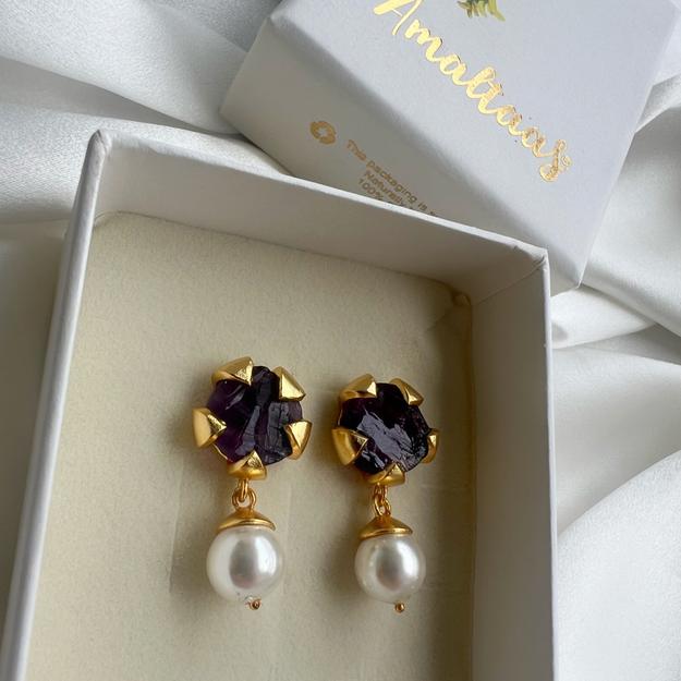 Amethyst Petal Pearl Earring