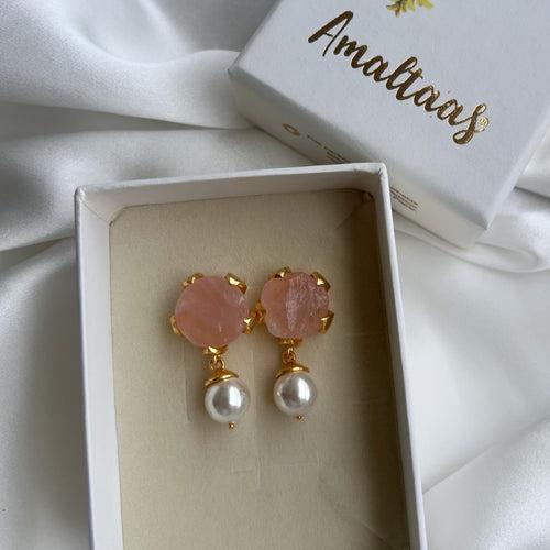 Rose Quartz Petal Pearl Earring