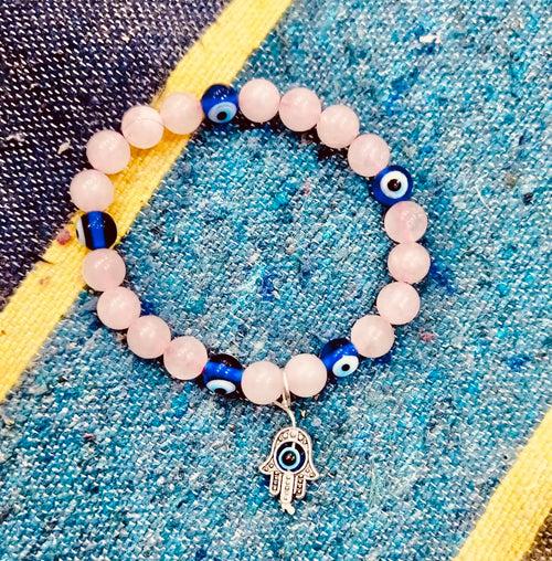 Rose Quartz Evil Eye Hamsa Hand Charm Bracelet