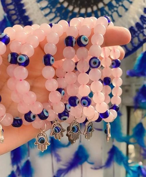 Rose Quartz Evil Eye Hamsa Hand Charm Bracelet