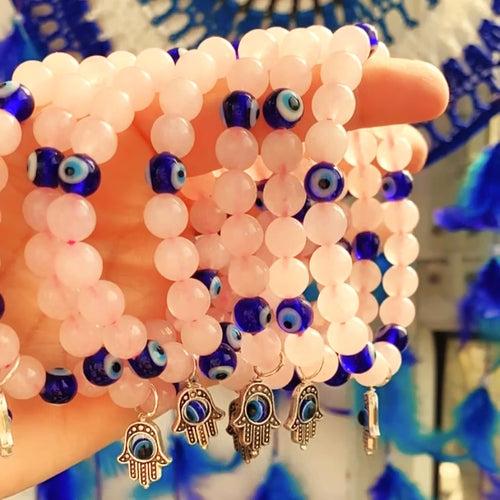 Rose Quartz Evil Eye Hamsa Hand Charm Bracelet