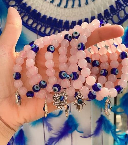 Rose Quartz Evil Eye Hamsa Hand Charm Bracelet