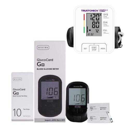 ARKRAY Glucocard G+ Blood Glucose meter With 10 Strips and TRUSTCHECK Blood Pressure Monitor 2.0 Combo