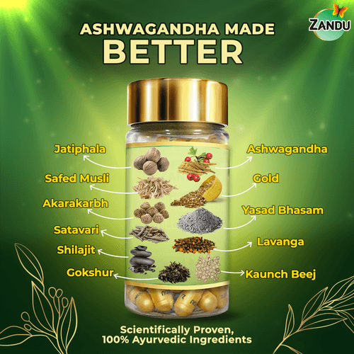 Ashwagandha Gold Plus (Real Gold) Capsules for Instant Stress Relief, Immunity & Stamina (60 Caps)