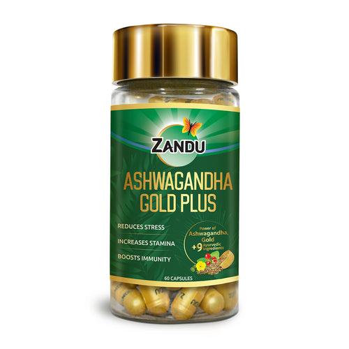 Ashwagandha Gold Plus (Real Gold) Capsules for Instant Stress Relief, Immunity & Stamina (60 Caps)