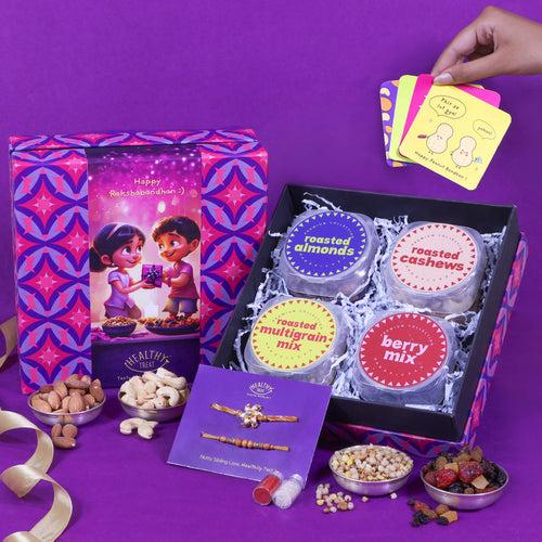 Healthy Rakhi Delights Rakhi Gift Hamper | Pack of 4 snacks, 1 Pair Rakhi, 1 Roli chawal, 4 Stickers