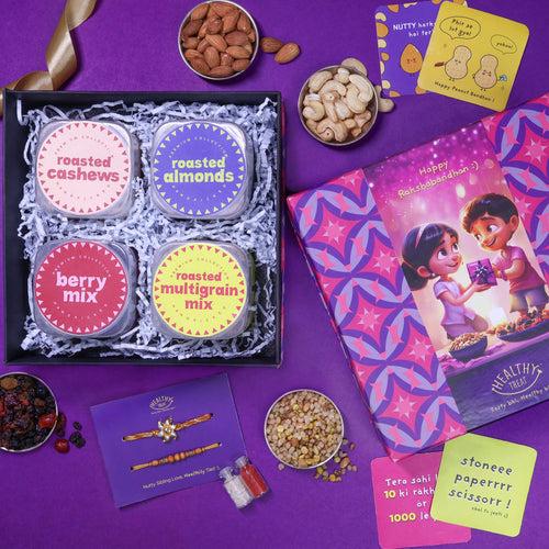 Healthy Rakhi Delights Rakhi Gift Hamper | Pack of 4 snacks, 1 Pair Rakhi, 1 Roli chawal, 4 Stickers