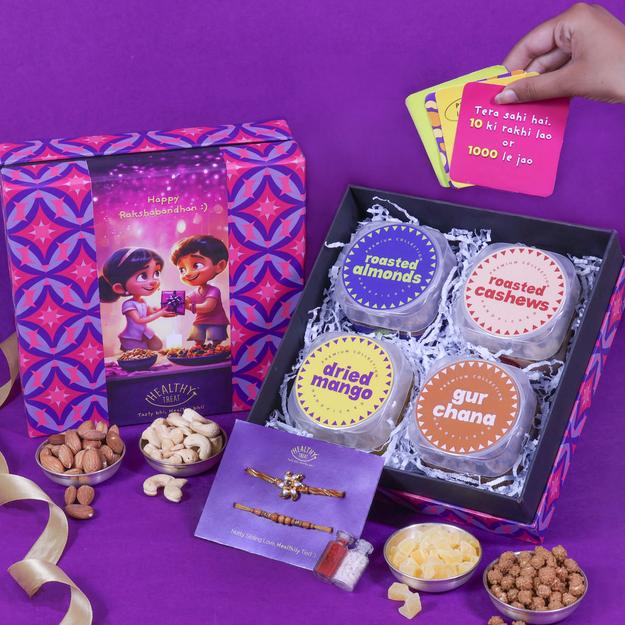 Nutty Sibling Love Rakhi Gift Box | Pack of 4 snacks, 1 Pair Rakhi, 1 Roli chawal, 4 Stickers