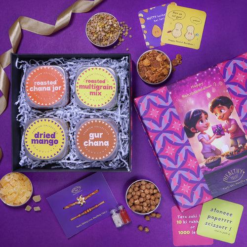 Rakhi Bliss Box Rakhi Gift Hamper | Pack of 4 snacks, 1 Pair Rakhi, 1 Roli chawal, 4 Stickers