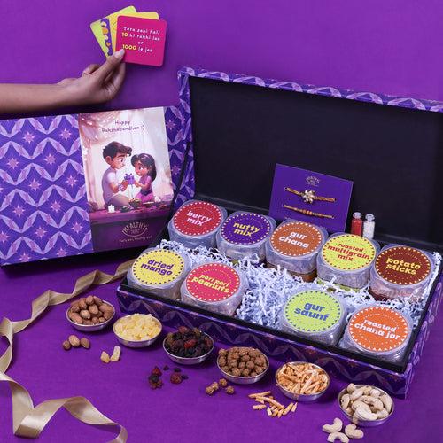 Rakhi Munch n' Crunch Gift Box Rakhi Gift Hamper | Pack of 9 snacks, 1 Pair Rakhi, 1 Roli chawal, 4 Stickers