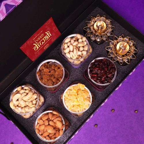 Elegance Premium Dry Fruit Diwali Gift box - Pack of 6 snacks, 2 Brass Diyas