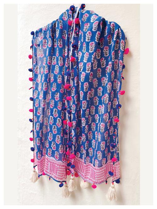 Peppy Cotton Stole - Blue & Hot Pink