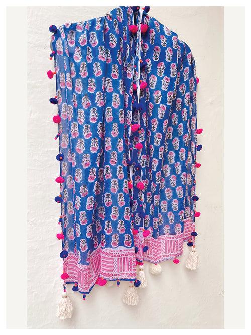 Peppy Cotton Stole - Blue & Hot Pink