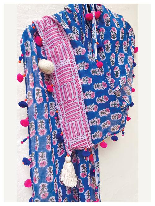 Peppy Cotton Stole - Blue & Hot Pink